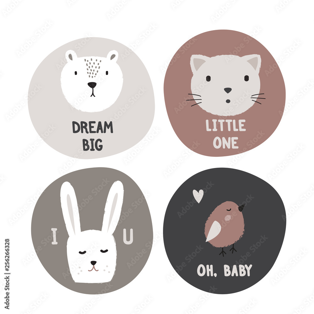Hand drawn kids design. Cirles with cute animals and phrases. Hand drawn kids design. Cirles with cute animals and phrases.