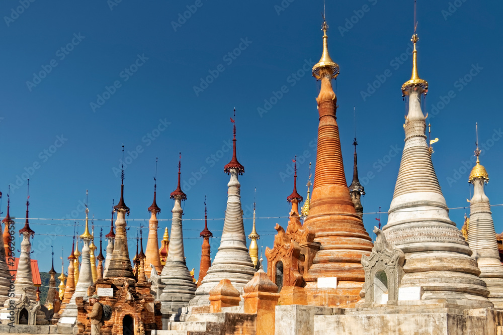Fototapeta premium Burma, Asia - view of the towers of old temples.