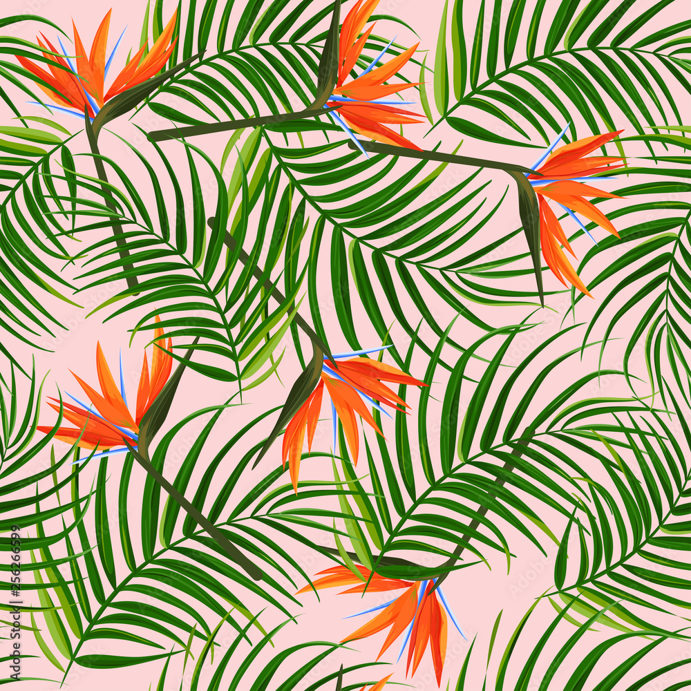 Bright tropical background. Palm leaves and bird of paradise strelitzia seamless pattern. Bright tropical background. Palm leaves and bird of paradise strelitzia seamless pattern.