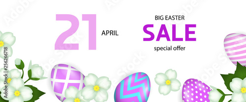 April twenty first, big Easter sale lettering with flowers and eggs. Easter offer design. Typed text, calligraphy. For leaflets, brochures, invitations, posters or banners.
