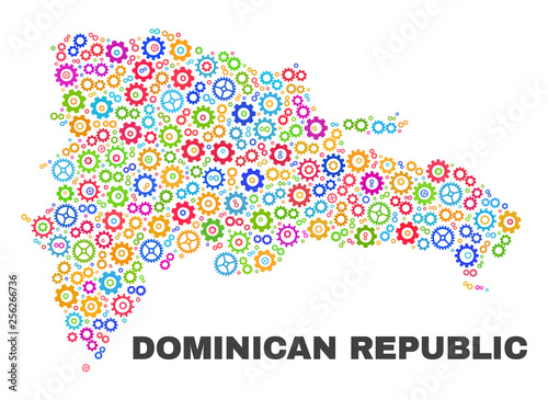 Mosaic technical Dominican Republic map isolated on a white background. Vector geographic abstraction in different colors. Mosaic of Dominican Republic map combined of random colorful cog elements.