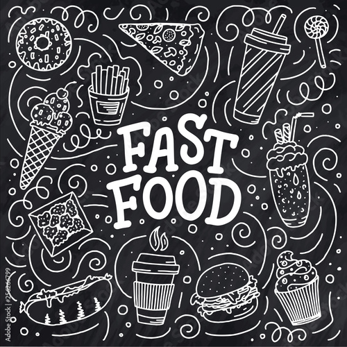 Vintage illustration with fast food doodle elements and lettering on background for concept design. Vector illustration for any purposes.