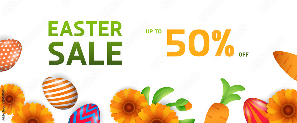 Easter sale, up to fifty percent off lettering with flowers and eggs. Easter offer design. Typed text, calligraphy. For leaflets, brochures, invitations, posters or banners.