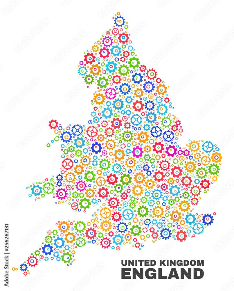 Mosaic technical England map isolated on a white background. Vector geographic abstraction in different colors. Mosaic of England map combined of random multi-colored cog items. Mosaic technical England map isolated on a white background. Vector geographic abstraction in different colors. Mosaic of England map combined of random multi-colored cog items.