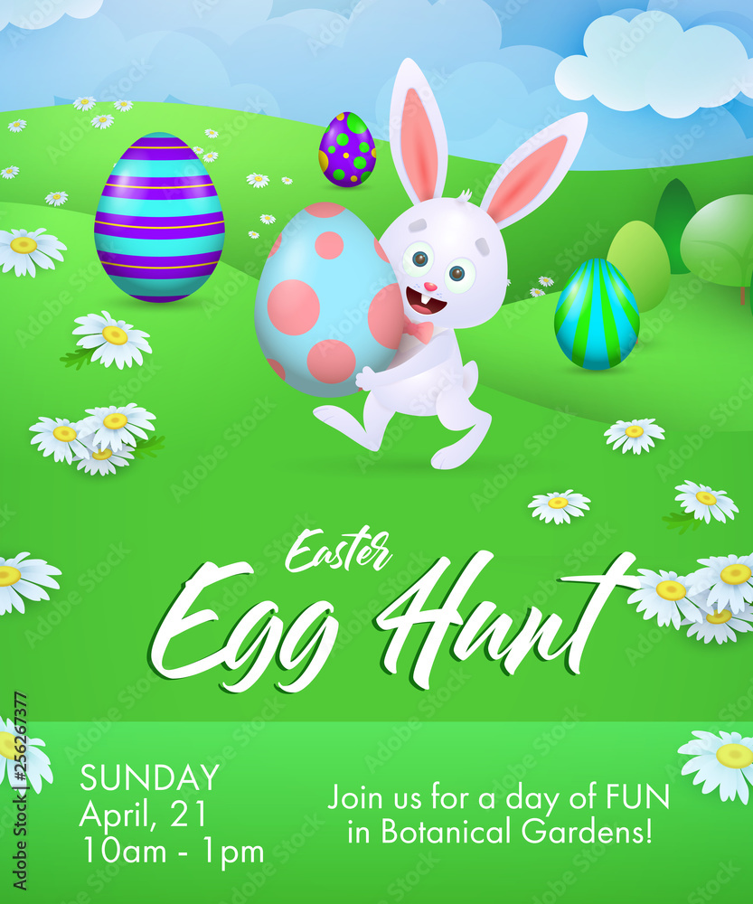 Obraz Egg Hunt lettering with rabbit carrying egg. Easter invitation. Handwritten text, calligraphy. For leaflets, brochures, invitations, posters or banners.