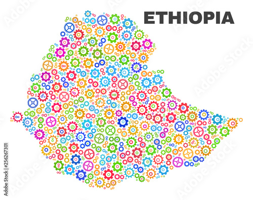 Mosaic technical Ethiopia map isolated on a white background. Vector geographic abstraction in different colors. Mosaic of Ethiopia map designed from random multi-colored cog items.