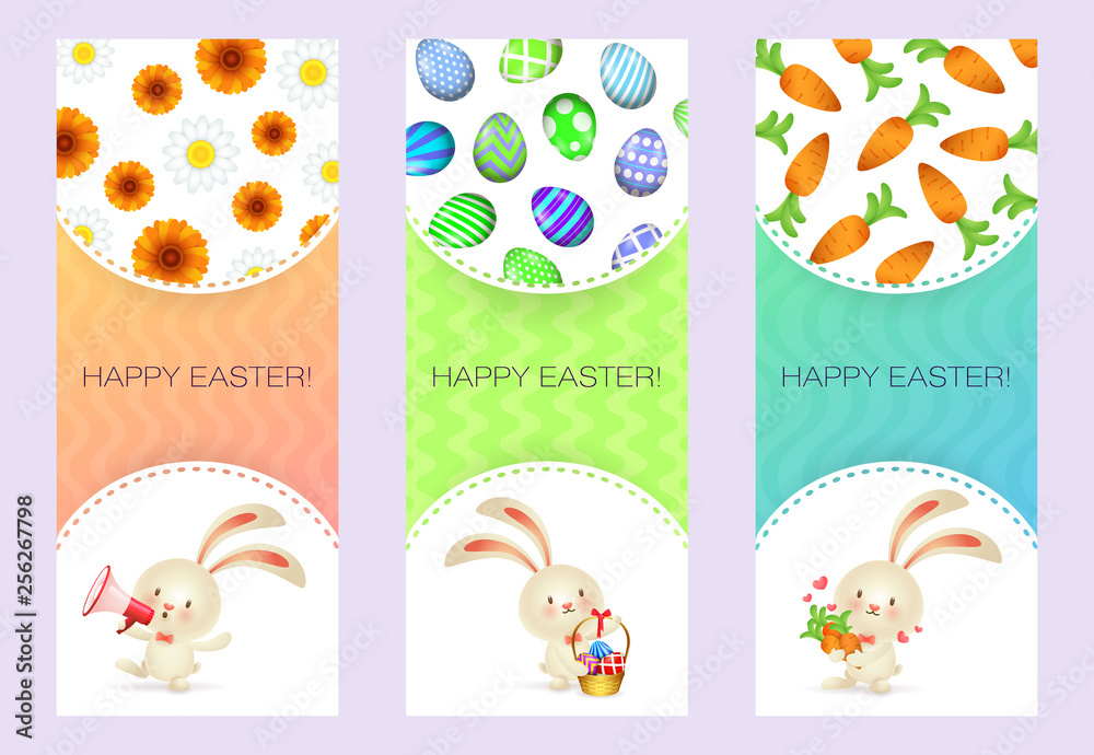 Happy Easter letterings set with cute rabbits, eggs and carrots. Easter greeting cards set. Typed text, calligraphy. For leaflets, brochures, invitations, posters or banners. Happy Easter letterings set with cute rabbits, eggs and carrots. Easter greeting cards set. Typed text, calligraphy. For leaflets, brochures, invitations, posters or banners.