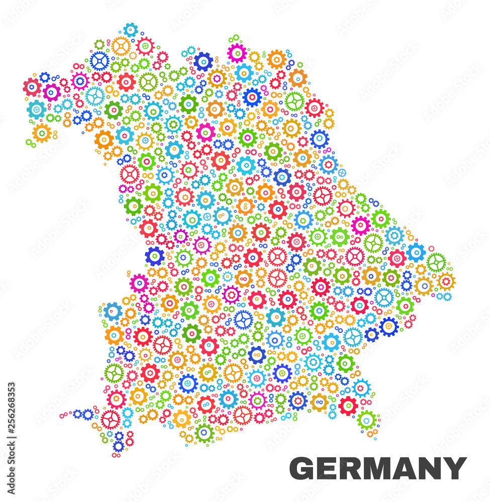Mosaic technical Germany map isolated on a white background. Vector geographic abstraction in different colors. Mosaic of Germany map combined of random multi-colored cogwheel items.