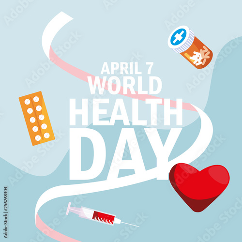 world health day card with bottle medicines and icons