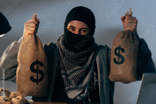 Joyful terrorist in mask holding bags with dollars and looking at camera photo