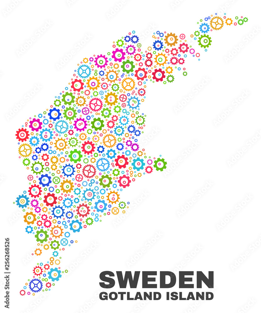 Mosaic technical Gotland Island map isolated on a white background. Vector geographic abstraction in different colors. Mosaic of Gotland Island map designed from random multi-colored gear elements. Mosaic technical Gotland Island map isolated on a white background. Vector geographic abstraction in different colors. Mosaic of Gotland Island map designed from random multi-colored gear elements.