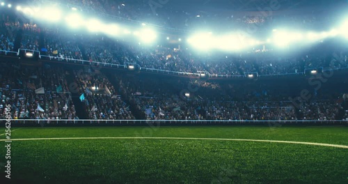 Full 3d modelled and animated soccer stadium with moving flags, people and lights photo