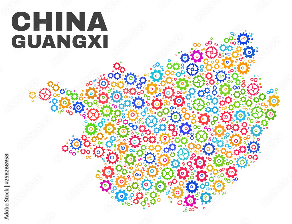Mosaic technical Guangxi Province map isolated on a white background. Vector geographic abstraction in different colors. Mosaic technical Guangxi Province map isolated on a white background. Vector geographic abstraction in different colors.