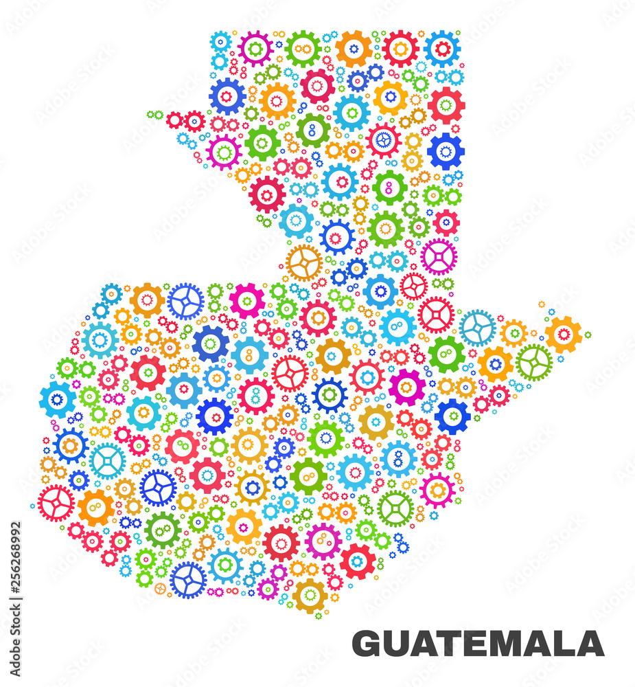 Mosaic technical Guatemala map isolated on a white background. Vector geographic abstraction in different colors. Mosaic of Guatemala map combined of scattered multi-colored cogwheel items. Mosaic technical Guatemala map isolated on a white background. Vector geographic abstraction in different colors. Mosaic of Guatemala map combined of scattered multi-colored cogwheel items.