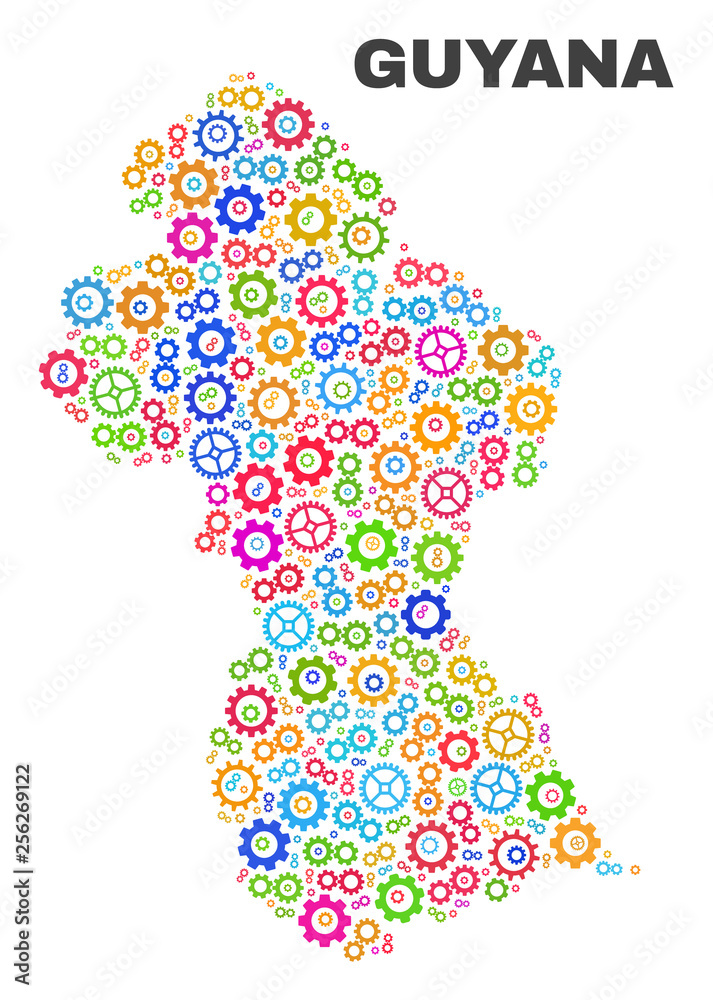 Mosaic technical Guyana map isolated on a white background. Vector geographic abstraction in different colors. Mosaic of Guyana map combined of scattered multi-colored gearwheel items. Mosaic technical Guyana map isolated on a white background. Vector geographic abstraction in different colors. Mosaic of Guyana map combined of scattered multi-colored gearwheel items.