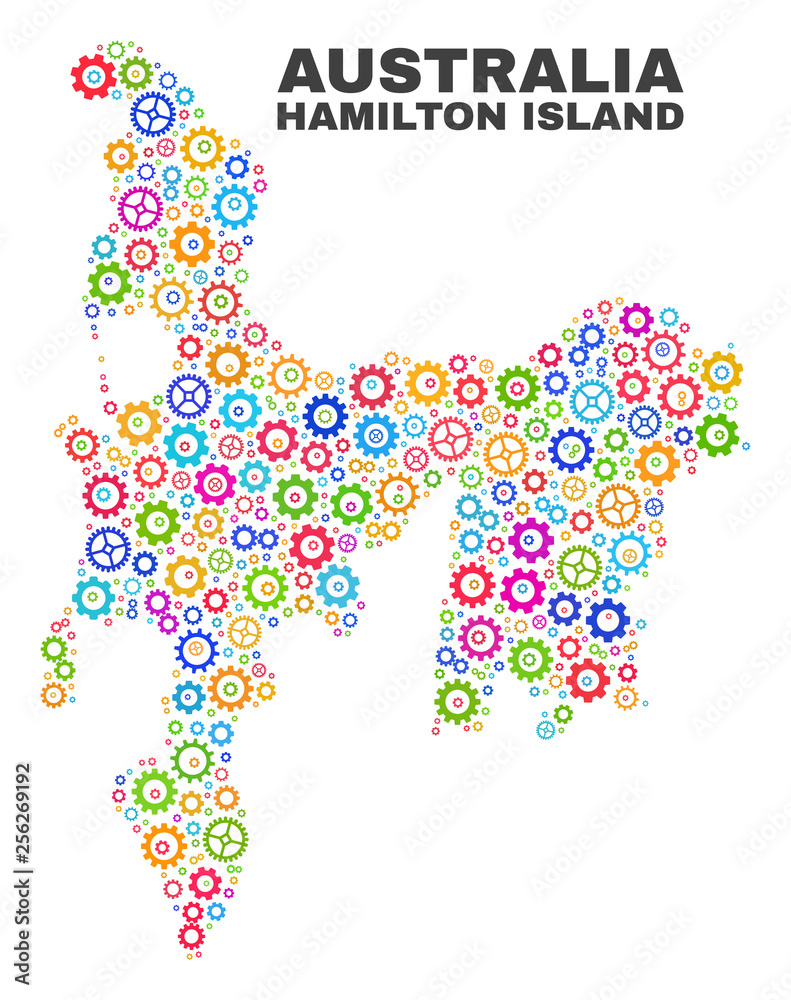 Fototapeta premium Mosaic technical Hamilton Island map isolated on a white background. Vector geographic abstraction in different colors.