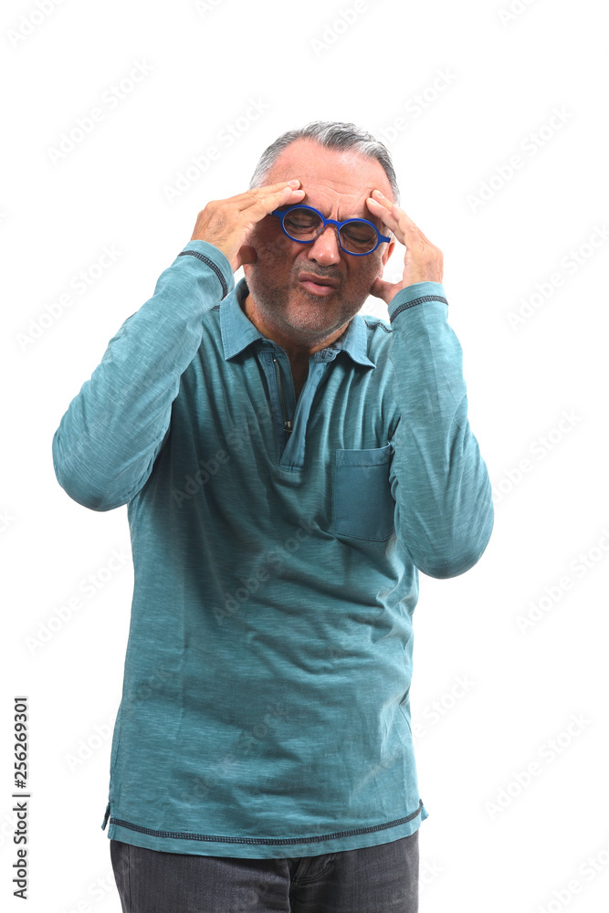 man with headache on white background man with headache on white background
