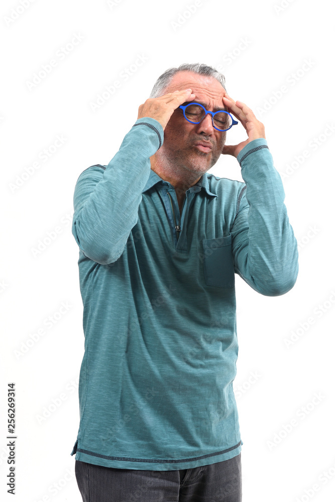 man with headache on white background man with headache on white background