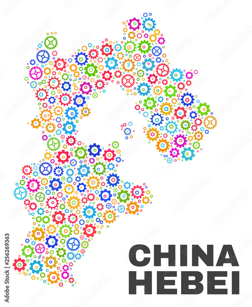 Mosaic technical Hebei Province map isolated on a white background. Vector geographic abstraction in different colors. Mosaic of Hebei Province map combined of random colorful cog elements.