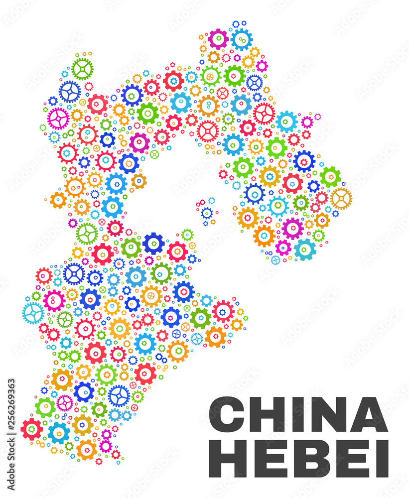 Mosaic technical Hebei Province map isolated on a white background. Vector geographic abstraction in different colors. Mosaic of Hebei Province map combined of random colorful cog elements. Mosaic technical Hebei Province map isolated on a white background. Vector geographic abstraction in different colors. Mosaic of Hebei Province map combined of random colorful cog elements.