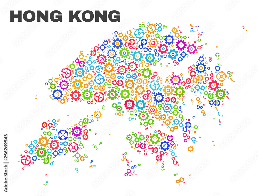 Mosaic technical Hong Kong map isolated on a white background. Vector geographic abstraction in different colors. Mosaic of Hong Kong map combined of scattered colorful gearwheel items. Mosaic technical Hong Kong map isolated on a white background. Vector geographic abstraction in different colors. Mosaic of Hong Kong map combined of scattered colorful gearwheel items.