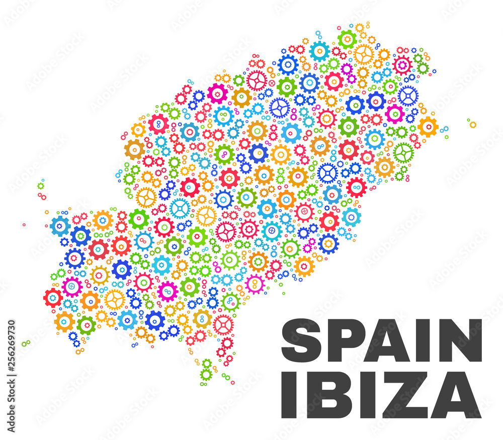 Mosaic technical Ibiza Island map isolated on a white background. Vector geographic abstraction in different colors. Mosaic of Ibiza Island map combined of scattered multi-colored gearwheel elements.