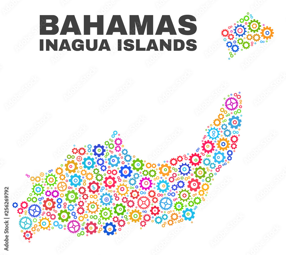 Mosaic technical Inagua Islands map isolated on a white background. Vector geographic abstraction in different colors. Mosaic of Inagua Islands map designed from random bright gearwheel items.