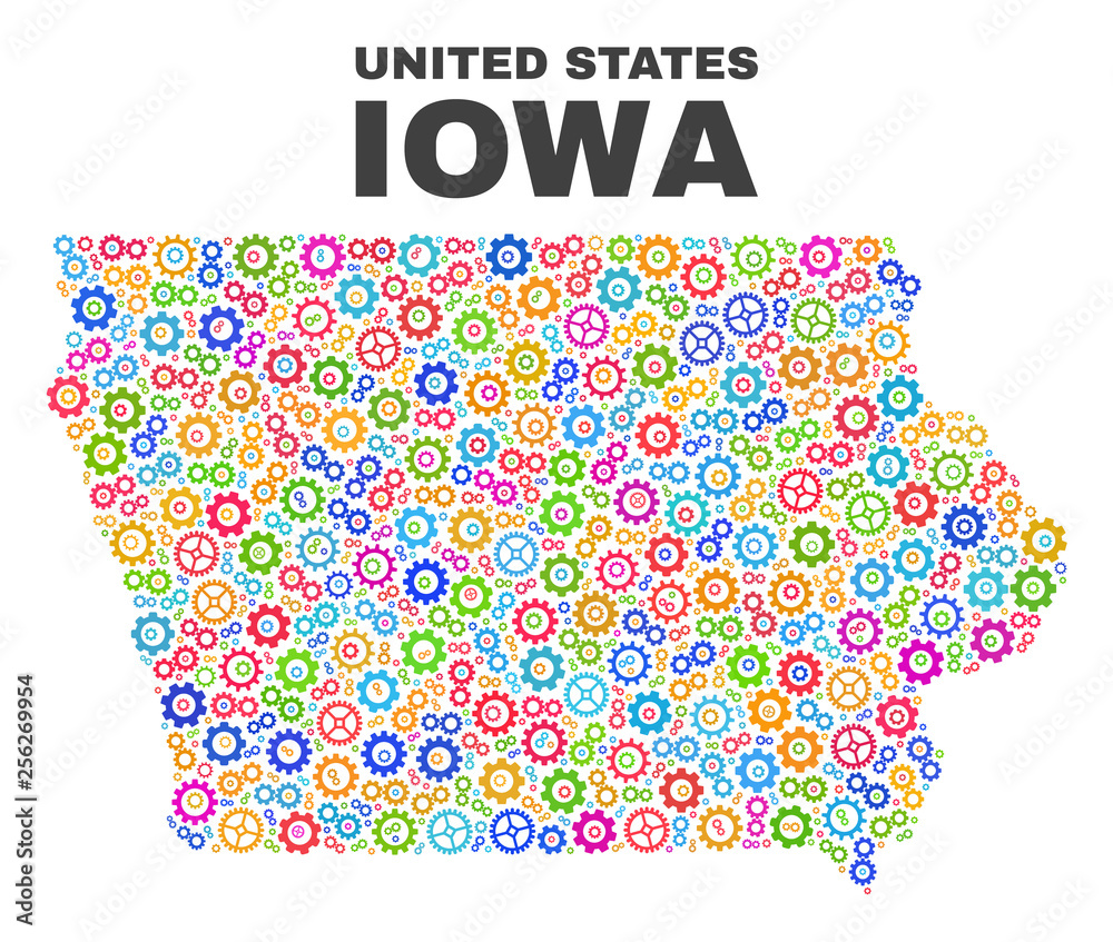 Mosaic technical Iowa State map isolated on a white background. Vector geographic abstraction in different colors. Mosaic of Iowa State map composed from random multi-colored wheel elements.