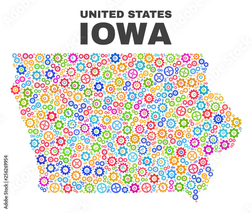 Mosaic technical Iowa State map isolated on a white background. Vector geographic abstraction in different colors. Mosaic of Iowa State map composed from random multi-colored wheel elements.