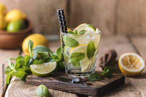 Mojito cocktail with lime, lemon and mint in a glass on a dark rustic background. Fresh summer cocktail. Lemon mojito