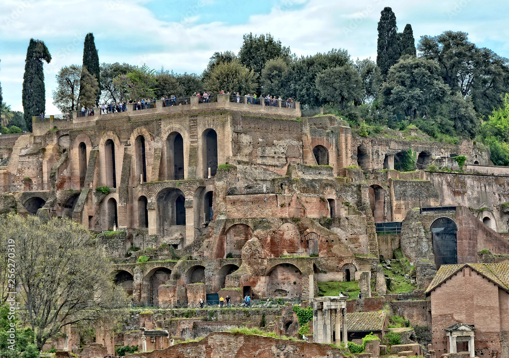 Roman Forum. Ancient Architecture. Large complex of ruins in Rome, Italy, close to the Colosseum.  Italy, Rome – April 18, 2018