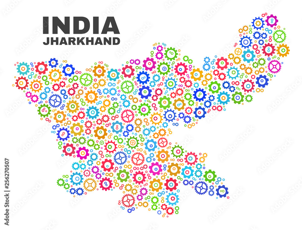 Mosaic technical Jharkhand State map isolated on a white background. Vector geographic abstraction in different colors. Mosaic of Jharkhand State map combined of scattered colorful gear elements.