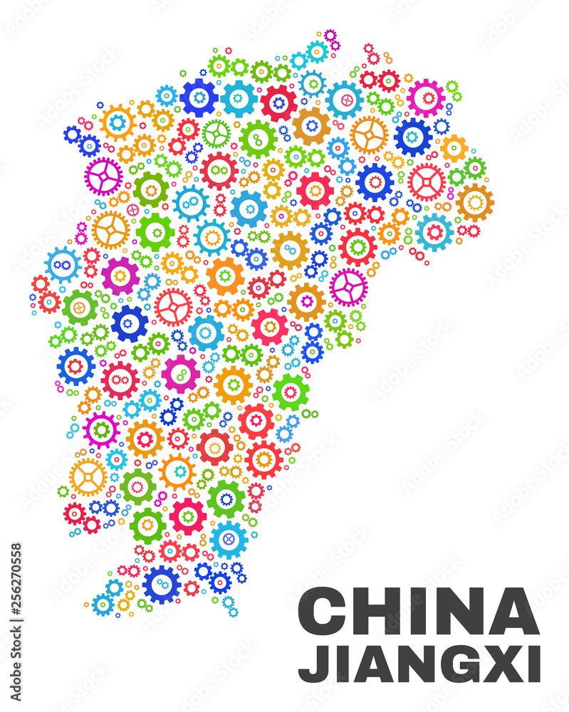 Mosaic technical Jiangxi Province map isolated on a white background. Vector geographic abstraction in different colors.