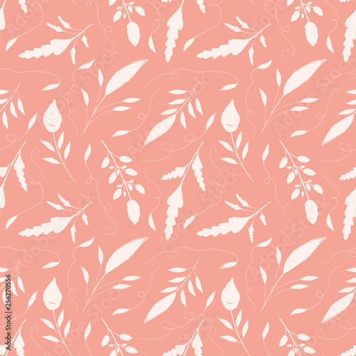 Delicate hand drawn cream leaves with ornamental swirls. Seamless vector pattern on salmon pink background. Great for wellbeing  gardening  organic  beauty  spa products  fabric  giftwrap  stationery