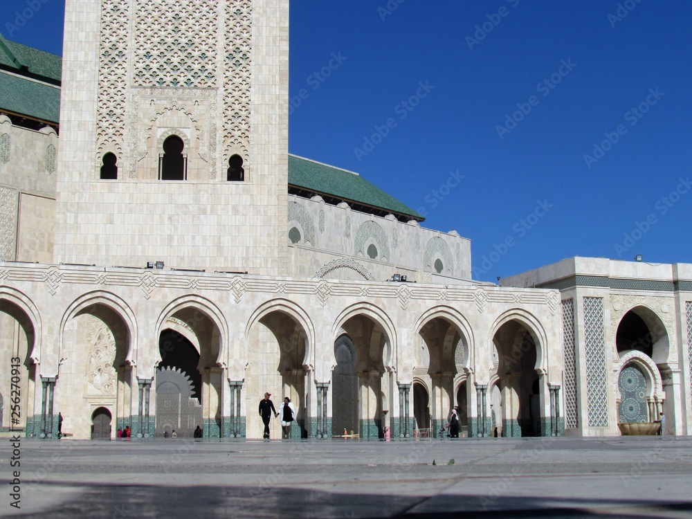 Details and peculiar angles of the Beautiful Mosque Hassan II during sunset. The Mosque in Casablanca is the third largest one in the world