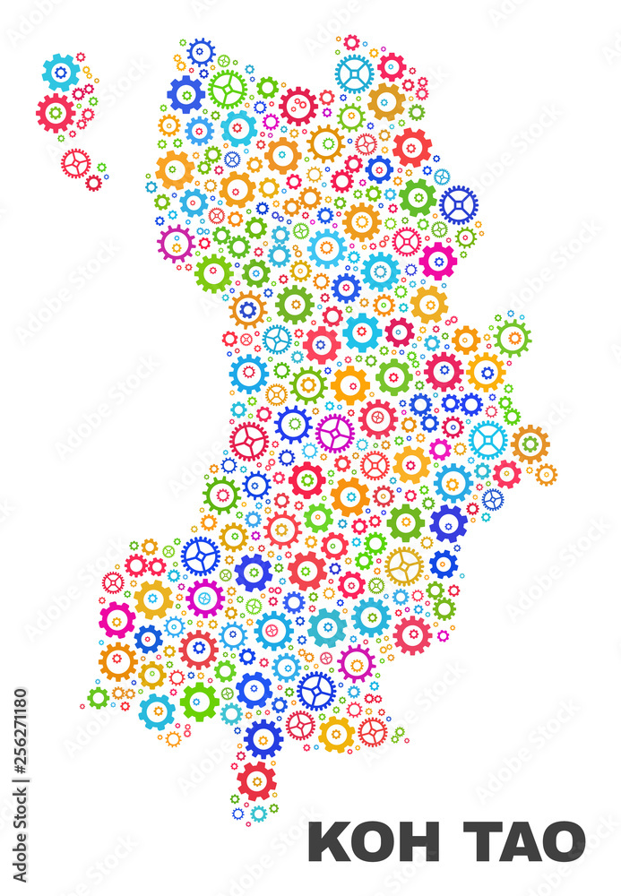 Mosaic technical Koh Tao map isolated on a white background. Vector geographic abstraction in different colors. Mosaic of Koh Tao map combined of random colorful cogwheel elements.