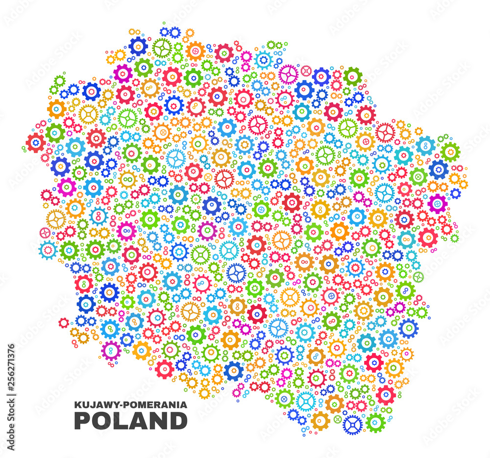 Mosaic technical Kujawy-Pomerania Province map isolated on a white background. Vector geographic abstraction in different colors.