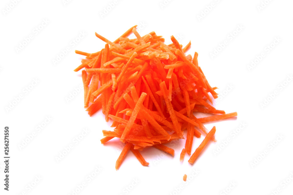 Juicy bunch of carrot straws on white background