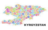 Mosaic technical Kyrgyzstan map isolated on a white background. Vector geographic abstraction in different colors. Mosaic of Kyrgyzstan map combined of random multi-colored gearwheel items.