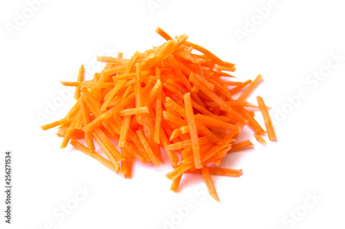 Juicy bunch of carrot straws on white background