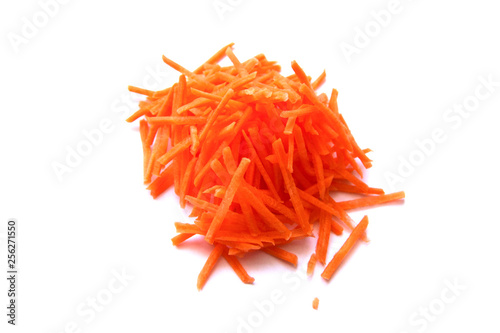 Juicy bunch of carrot straws on white background