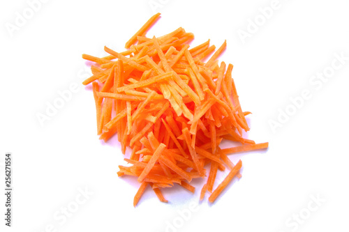 Juicy bunch of carrot straws on white background