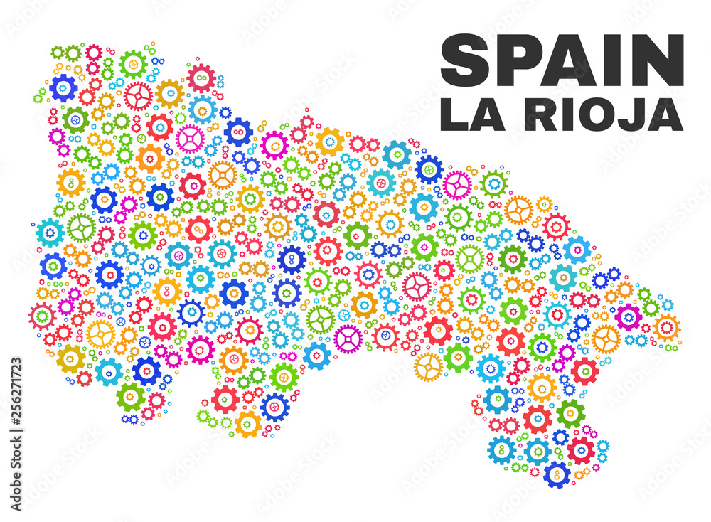 Mosaic technical La Rioja of Spain map isolated on a white background. Vector geographic abstraction in different colors. Mosaic of La Rioja of Spain map combined of random colorful cog items. Mosaic technical La Rioja of Spain map isolated on a white background. Vector geographic abstraction in different colors. Mosaic of La Rioja of Spain map combined of random colorful cog items.