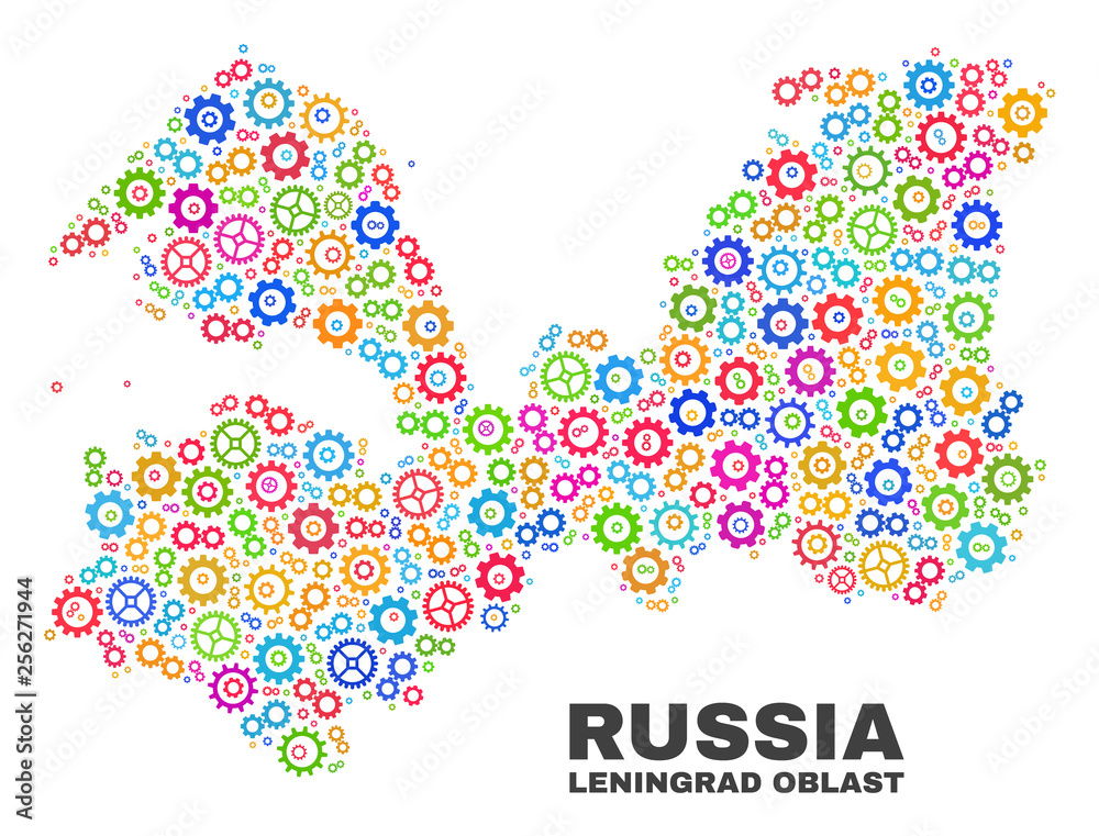 Mosaic technical Leningrad Region map isolated on a white background. Vector geographic abstraction in different colors. Mosaic of Leningrad Region map combined of random multi-colored gear elements.