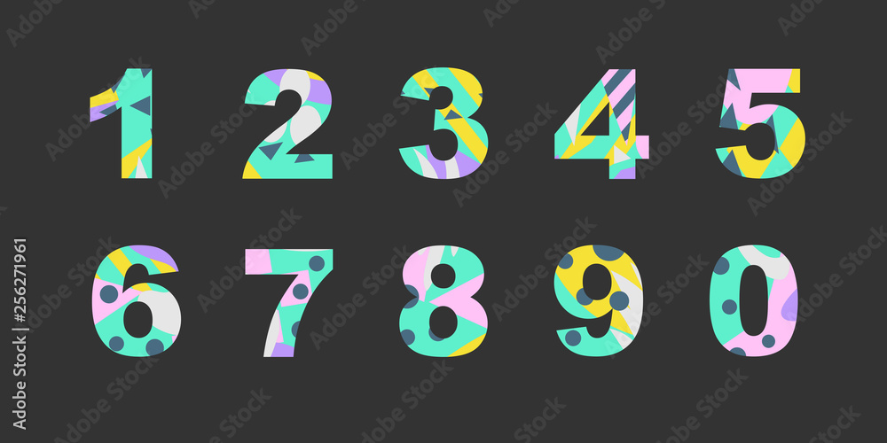 Collection of numbers with bright abstract texture. Good for any printed products, textile, invitation for a holiday and other types of design. Collection of numbers with bright abstract texture. Good for any printed products, textile, invitation for a holiday and other types of design.