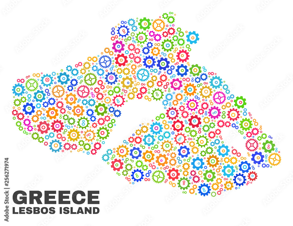 Mosaic technical Lesbos Island map isolated on a white background. Vector geographic abstraction in different colors. Mosaic of Lesbos Island map combined of scattered multi-colored cogwheel items.