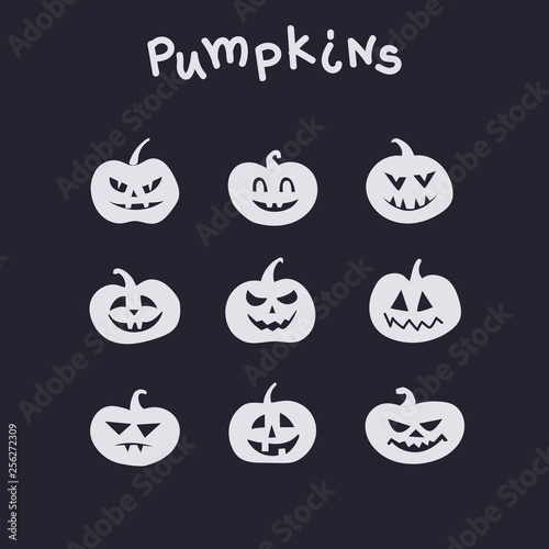 Collection of funny pumpkins with different emotions for Halloween. Great for printing products  textiles  interior. Monochrome performance.