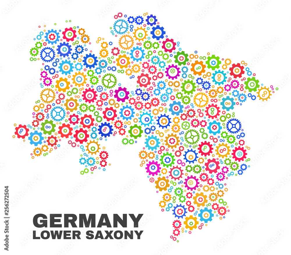 Mosaic technical Lower Saxony Land map isolated on a white background. Vector geographic abstraction in different colors.