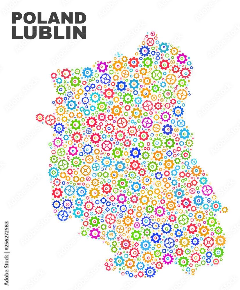 Mosaic technical Lublin Voivodeship map isolated on a white background. Vector geographic abstraction in different colors. Mosaic of Lublin Voivodeship map combined of scattered bright cog elements. Mosaic technical Lublin Voivodeship map isolated on a white background. Vector geographic abstraction in different colors. Mosaic of Lublin Voivodeship map combined of scattered bright cog elements.