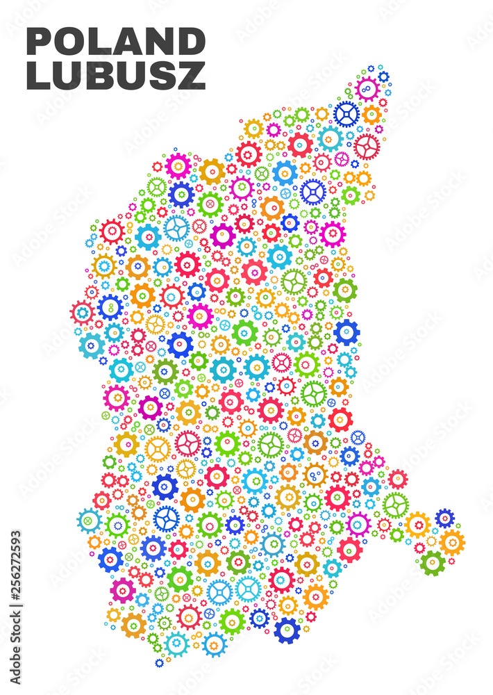 Mosaic technical Lubusz Voivodeship map isolated on a white background. Vector geographic abstraction in different colors. Mosaic technical Lubusz Voivodeship map isolated on a white background. Vector geographic abstraction in different colors.